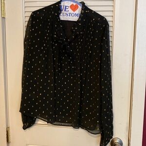 Ann Taylor Lined Sheer Black & Gold Blouse, Loose Necktie Ruffle Collar Size M